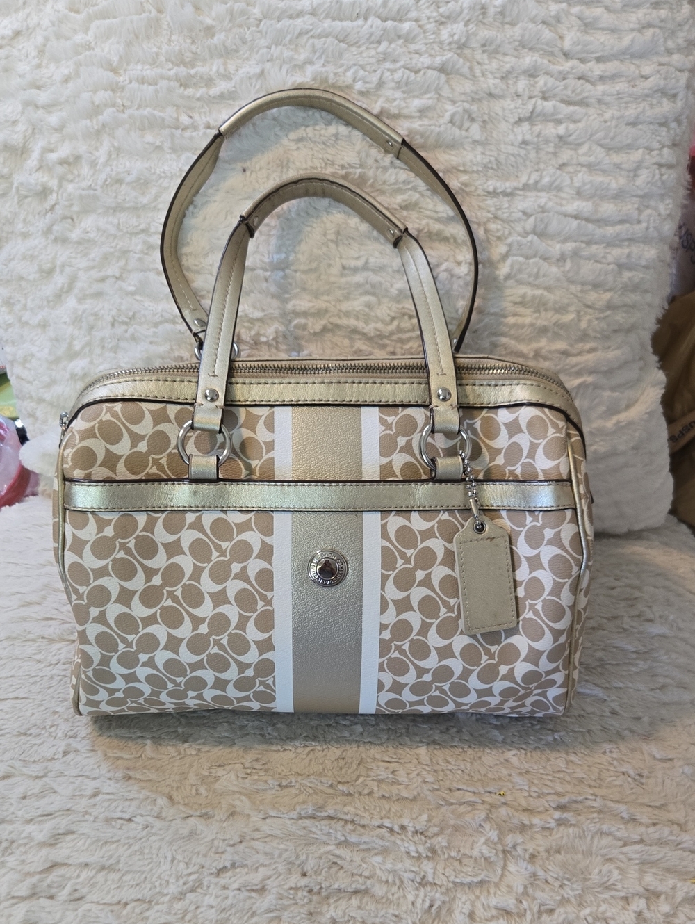 Coach Tan and White Signature Stripe Satchel EUC LIKE NEW